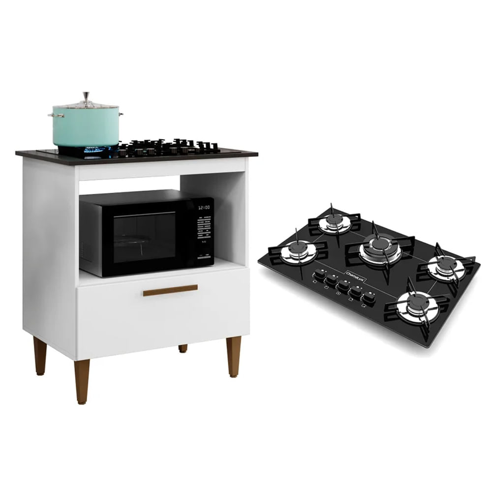 Kit Balcão Cooktop Cozinha Kaiki Eliz Branco Com Fogão Cooktop 5 Bocas Tripla Chama Preto Chamalux