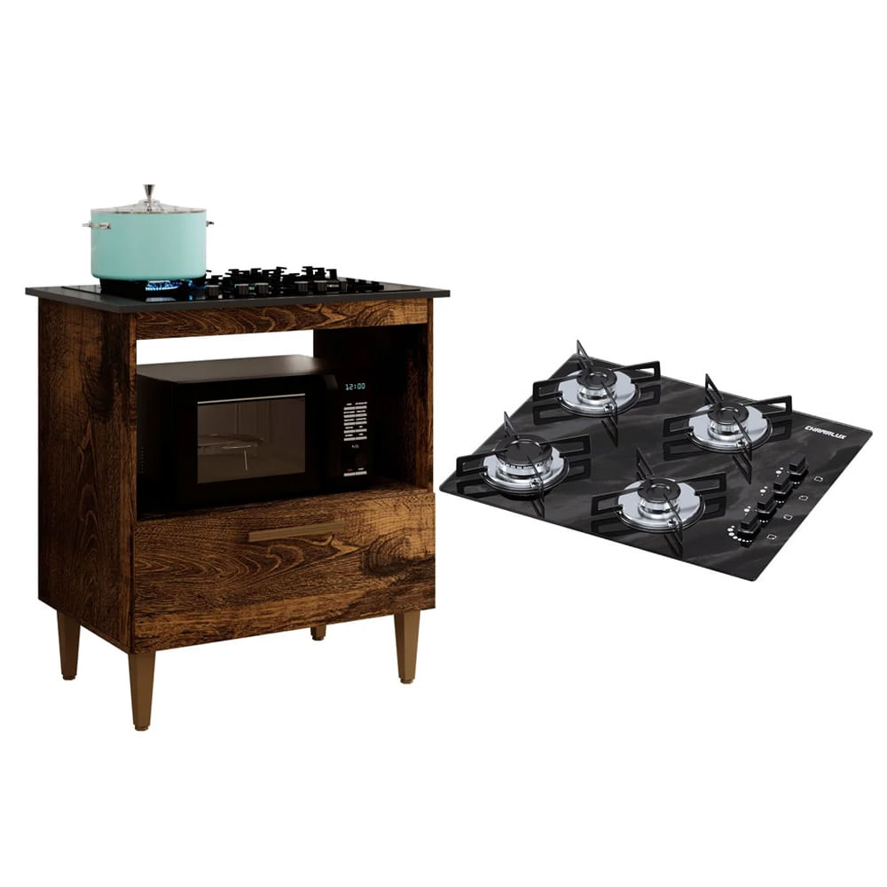 Kit Balcão Para Cooktop Cozinha Kaiki Eliz Ypê Com Fogão Cooktop 4 Bocas Chamalux Ultra Chama Preto Mármore