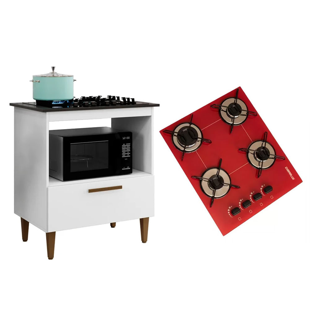 Kit Balcão Para Cooktop Cozinha Kaiki Eliz Branco Com Fogão Cooktop 4 Bocas Vermelho Trempe Arame Chamalux