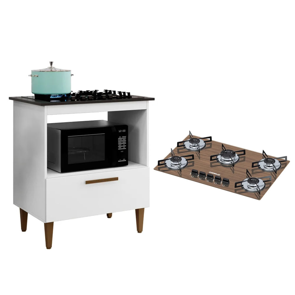 Kit Balcão Para Cooktop Cozinha Kaiki Eliz Branco Com Fogão Cooktop 5 Bocas Chamalux Ultra Chama Amadeirado