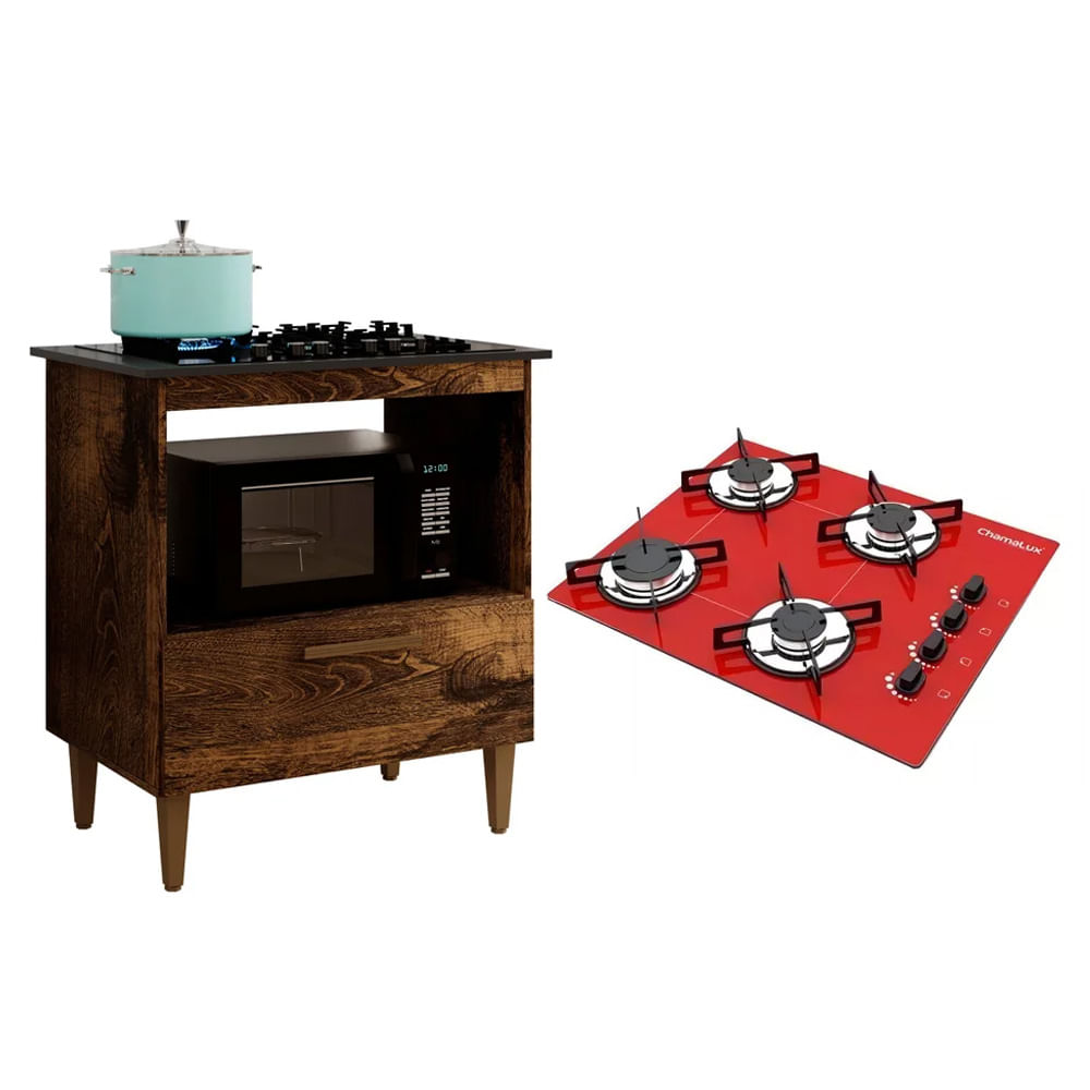 Kit Balcão Para Cooktop Cozinha Kaiki Eliz Ypê Com Fogão Cooktop 4 Bocas Chamalux Ultra Chama Vermelho