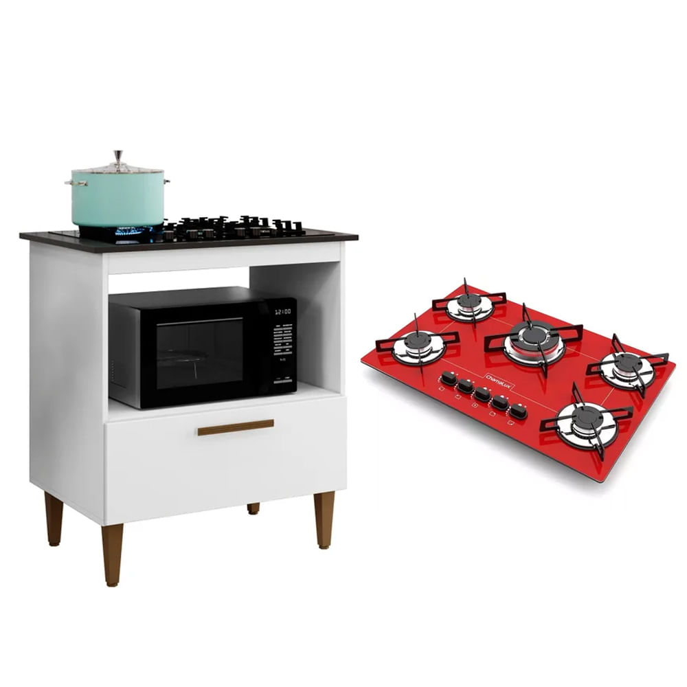 Kit Balcão Para Cooktop Cozinha Kaiki Eliz Branco Com Fogão Cooktop 5 Bocas Chamalux Tripla Chama Vermelho