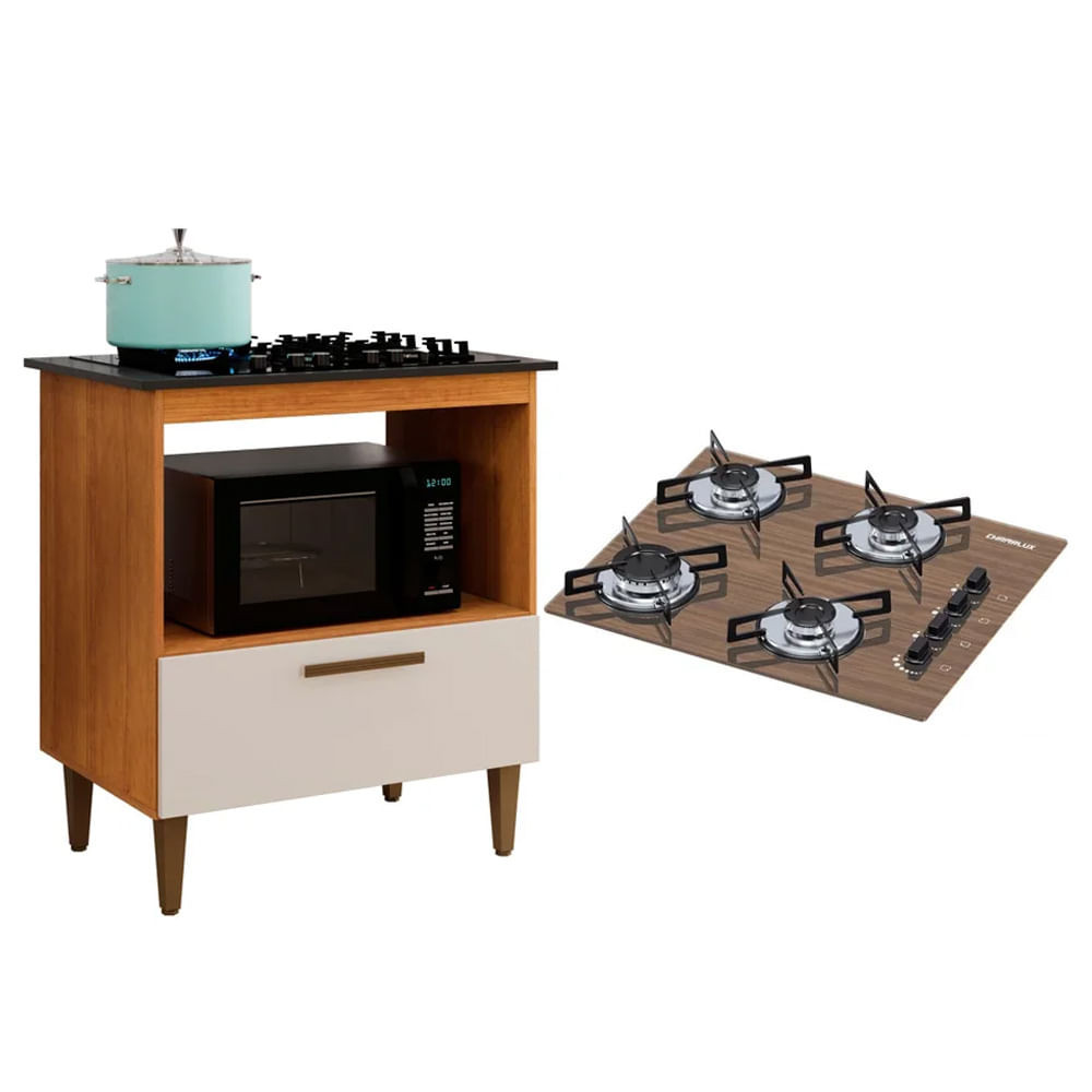 Kit Balcão Para Cooktop Cozinha Kaiki Eliz Nature Off White Com Fogão Cooktop 4 Bocas Ultrachama Amadeirado