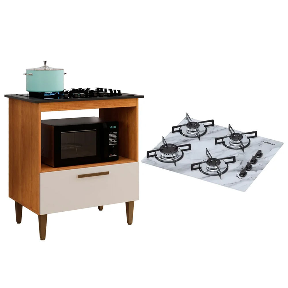 Kit Balcão Para Cooktop Cozinha Kaiki Eliz Nature Off White Com Fogão Cooktop 4 Bocas Ultrachama Branco Mármore