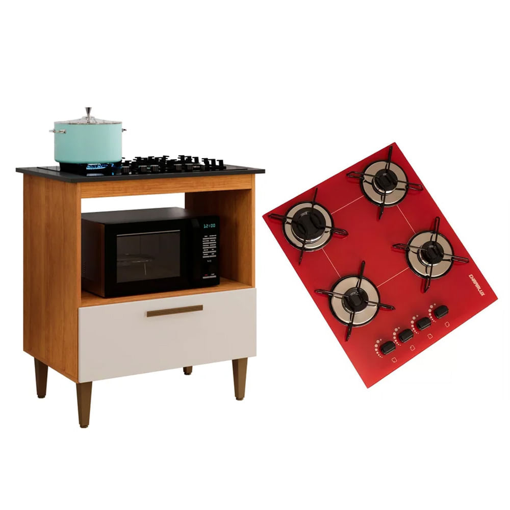 Kit Balcão Para Cooktop Cozinha Kaiki Eliz Nature Off White Com Fogão Cooktop 4 Bocas Ultrachama Vermelho Trempe Arame