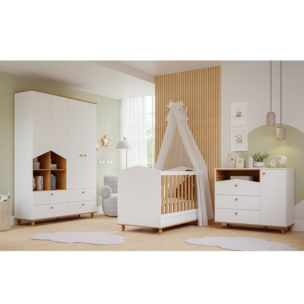 Quarto De Bebê Berço E Cômoda 3 Gavetas 1 Porta E Guarda-roupa 4 Portas 4 Gavetas Happy Espresso Móveis Branco