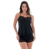 Pijama Baby Doll Feminino Microfibra Blusa Alça Fina E Short Com Renda Basico Elegante Confortavel