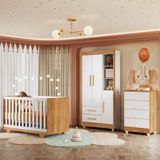 Quarto de Bebê Completo 100% MDF com Cômoda, Berço e Guarda-Roupa 1 MDF Nina Branco/Amadeirado