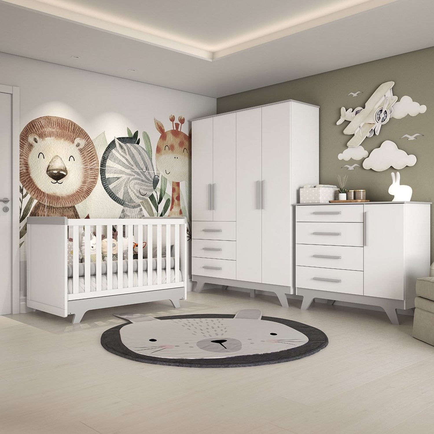 Quarto De Bebê Completo Com Guarda Roupa, Cômoda E Berço 100% Mdf Jolie Retrô  Branco Brilho/cinza