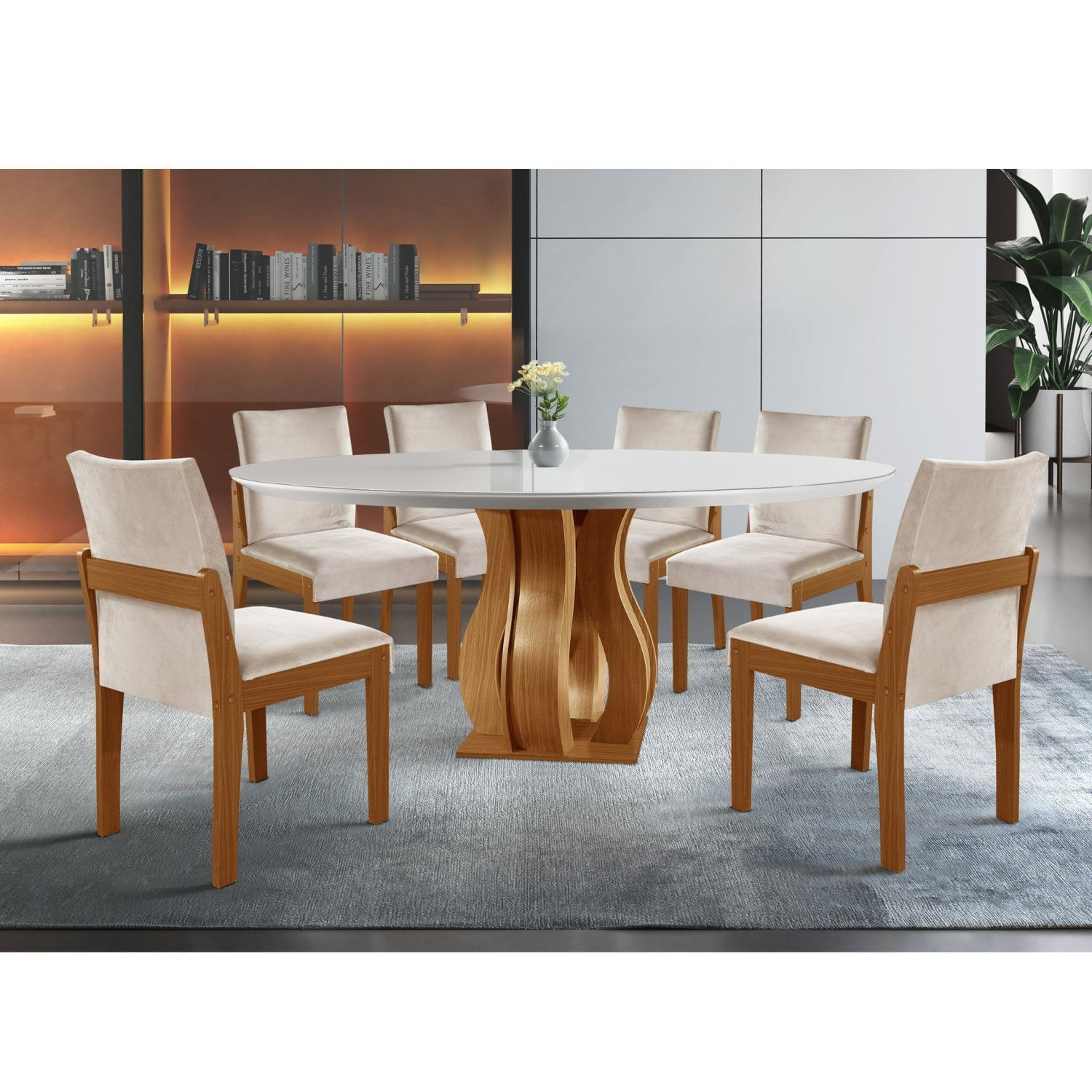 Conjunto Sala De Jantar Mesa Nuance 135cm Redonda Tampo Vidro/mdp Com 6 Cadeiras Mônaco Yescasa Castanho Cinamomo/suedy Creme