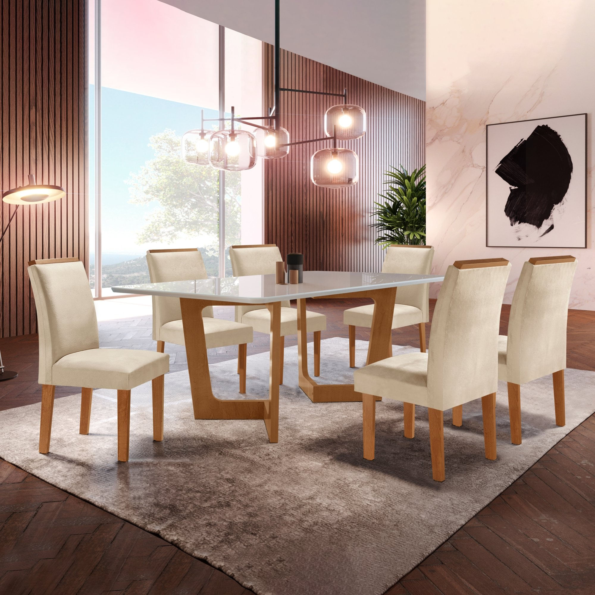 Conjunto Sala De Jantar Nápoles Tampo Vidro/mdf Com 6 Cadeiras Luísa Smart Plus Cel Móveis Cinamomo/off White/bege