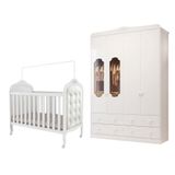 Quarto De Bebê Com Guarda Roupa Janelado Noah E Berço Com Capitonê Elô 100% Mdf Móveis Peroba Branco Brilho/corino Branco