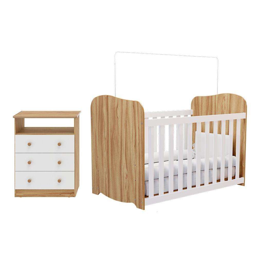 Quarto De Bebê Completo Com Berço Americano Uli Guarda Roupa E Cômoda Smim New 100% Mdf Móveis Peroba Branco Brilho/amêndoa