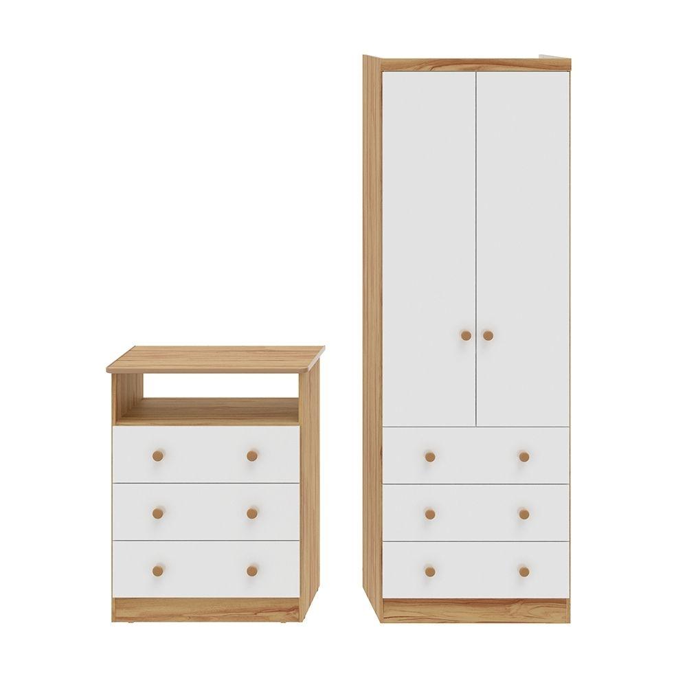 Quarto Infantil Com Guarda Roupas 2 Portas 3 Gavetas E Cômoda 3 Gavetas Smim New Móveis Peroba Branco Brilho/amêndoa