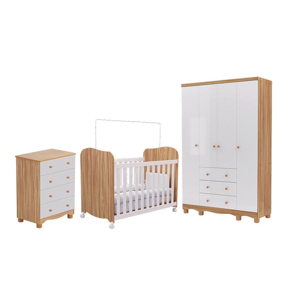 Quarto De Bebê Completo Com Guarda Roupa 4 Ptas Cômoda Berço Junior Uli Móveis Peroba Branco/amendoa