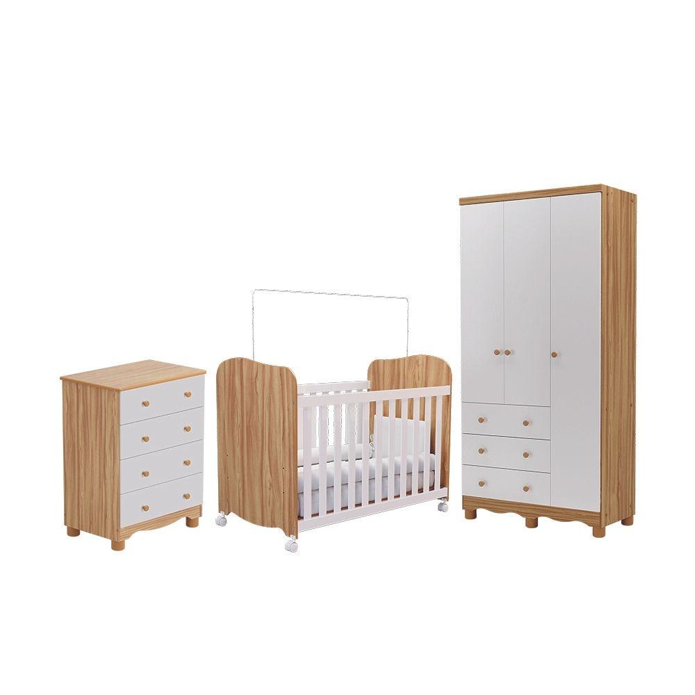 Quarto De Bebê Completo Com Guarda Roupa 3 Ptas Cômoda Berço Junior Uli Móveis Peroba Branco/amendoa