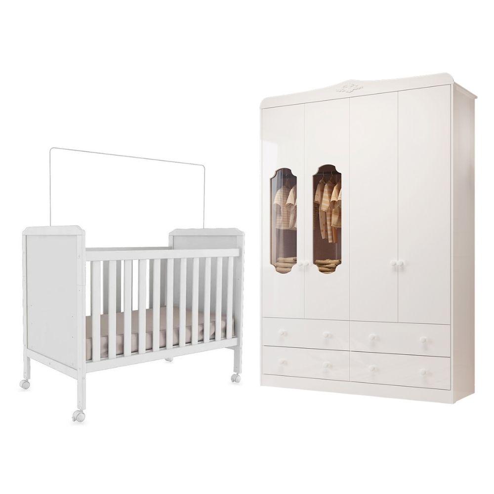 Quarto De Bebê Com Guarda Roupa Janelado Noah E Berço Cloe 100% Mdf Móveis Peroba Branco Brilho