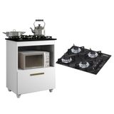 Kit Balcão Para Cooktop Cozinha Kaiki Salvia Branco Com Fogão Cooktop 4 Bocas Ultrachama Preto Mármore Chamalux