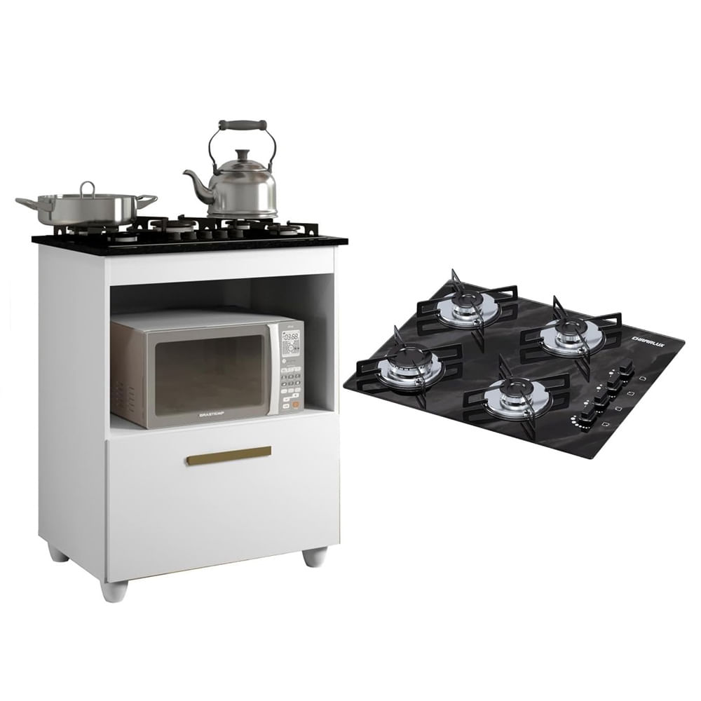 Kit Balcão Para Cooktop Cozinha Kaiki Salvia Branco Com Fogão Cooktop 4 Bocas Ultrachama Preto Mármore Chamalux