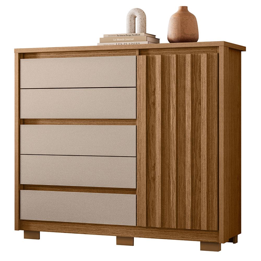 Cômoda Sapateira Quarto Duetto 05 Gavetas E 1 Porta Ripada Jatoba/fendi Metallic