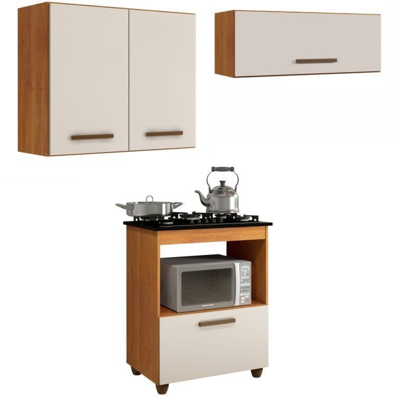 Conjunto Balcão Cooktop 5 Bocas Com Nicho 1 Porta Basculante E 2 Armários Aéreo Nature/off White