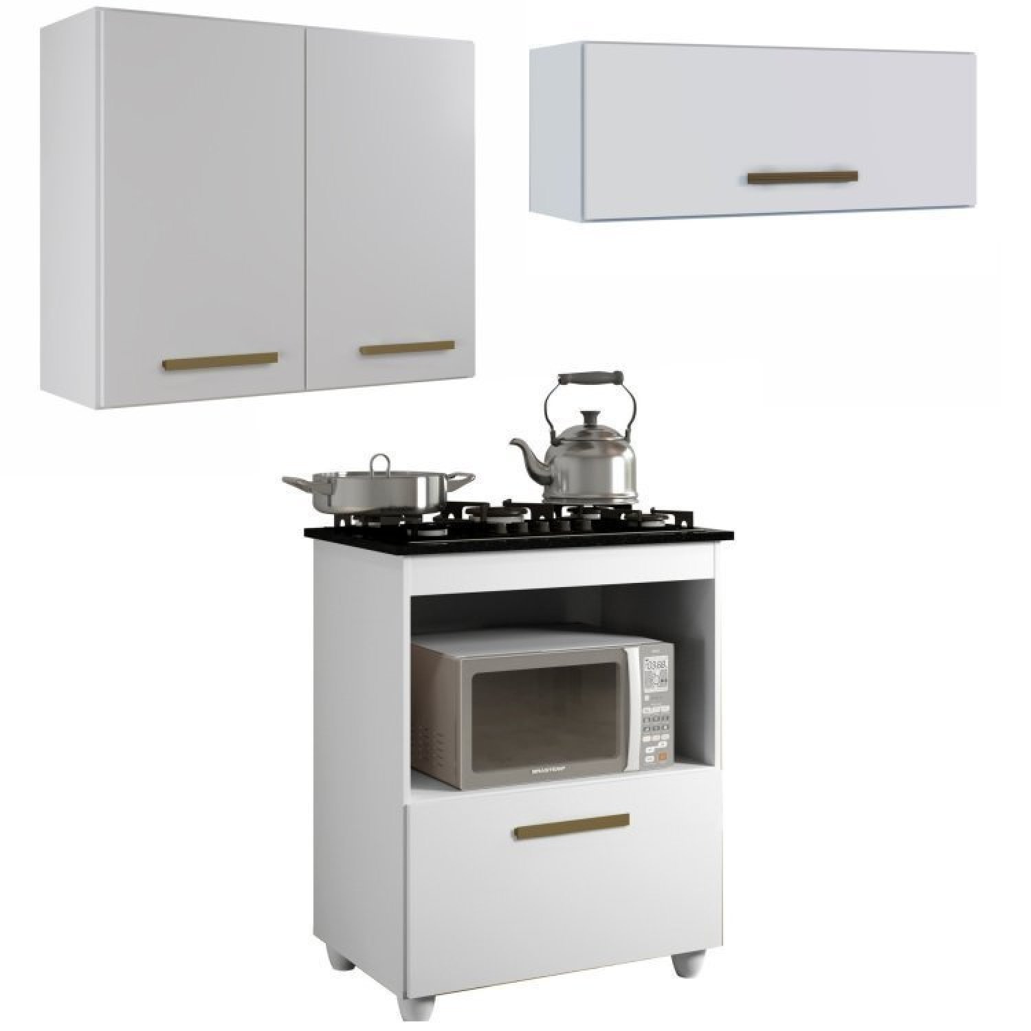 Conjunto Balcão Para Cooktop 1 Porta 1 Nicho 5 Bocas E 2 Armário Aéreo Branco