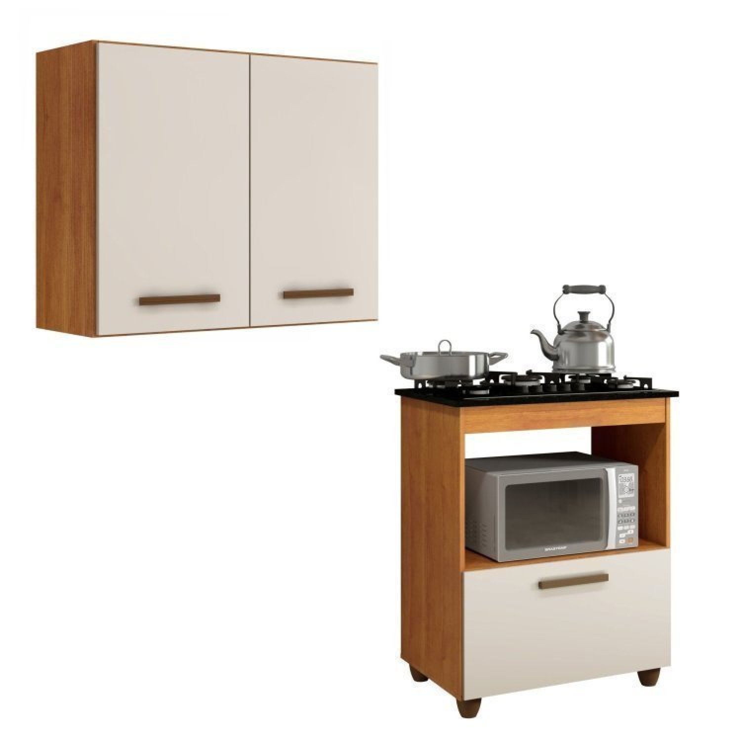 Conjunto Armário Aéreo 2 Portas E Balcão Para Cooktop 5 Bocas 1 Porta Basculante Nature/off White