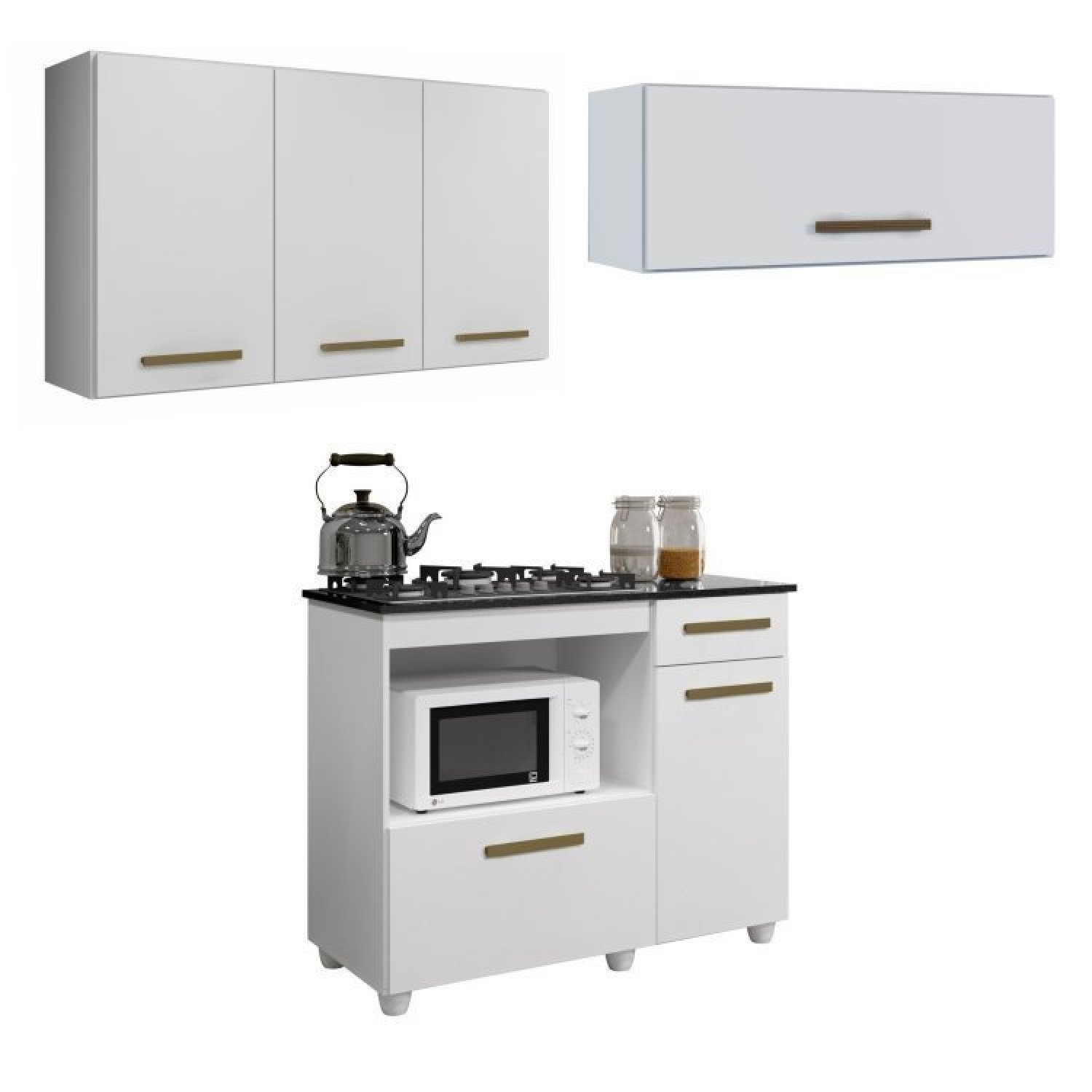 Conjunto Balcão Para Cooktop 5 Bocas 2 Portas 1 Gaveta E 2 Armários Aéreo Branco