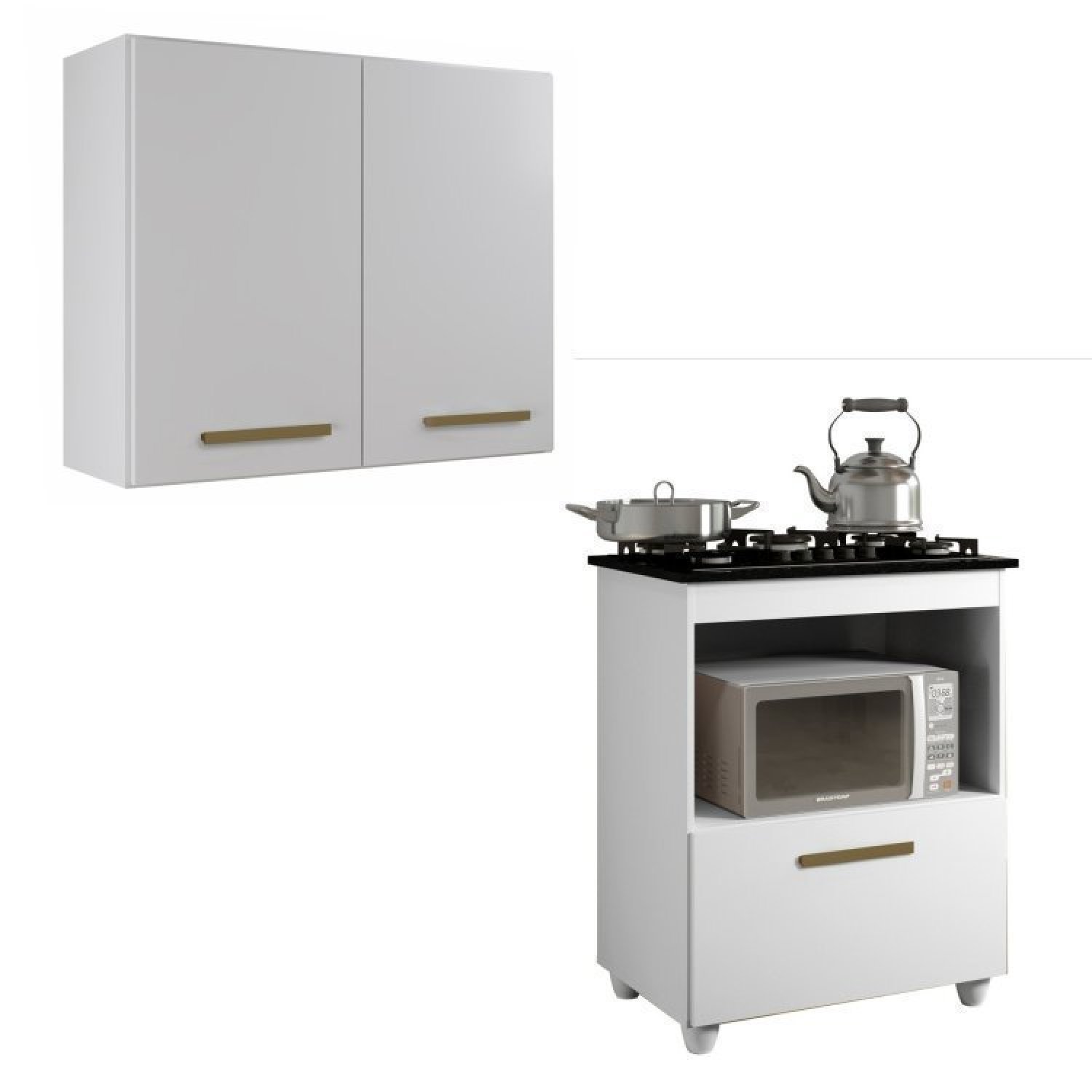 Conjunto Armário Aéreo De Cozinha 2 Portas E Balcão Para Cooktop 5 Bocas 1 Porta 1 Nicho Branco