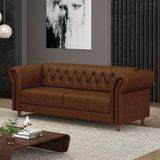 Sofá Living Sala De Estar Stanford Chesterfield 2 Lugares 220cm Pés De Madeira Couro Marrom Manchado G58 - Gran Belo