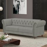 Sofá Living Sala De Estar Stanford Chesterfield 2 Lugares 220cm Pés De Madeira Couro Cinza G58 - Gran Belo