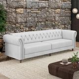 Sofá Living Sala De Estar Stanford Chesterfield 3 Lugares 260cm Pés De Madeira Couro Branco G58 - Gran Belo