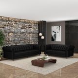 Conjunto De Sofá Sala De Estar Stanford Chesterfield 2 E 3 Lugares 180cm/260cm Pés Madeira Couro Preto Brilho G58 - Gran Belo