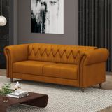 Sofá Living Sala De Estar Stanford Chesterfield 2 Lugares 200cm Pés De Madeira Couro Mel G58 - Gran Belo