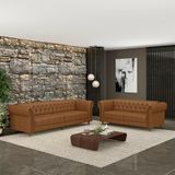 Conjunto De Sofá Sala De Estar Stanford Chesterfield 2 E 3 Lugares 200cm/240cm Pés Madeira Couro Mel Manchado G58 - Gran Belo