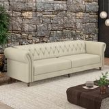 Sofá Living Sala De Estar Stanford Chesterfield 3 Lugares 240cm Pés De Madeira Couro Off White G58 - Gran Belo