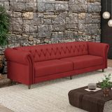 Sofá Living Sala De Estar Stanford Chesterfield 3 Lugares 260cm Pés De Madeira Couro Vermelho G58 - Gran Belo