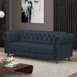 Sofá Living Sala De Estar Stanford Chesterfield 2 Lugares 180cm Pés De Madeira Couro Azul Marinho G58 - Gran Belo