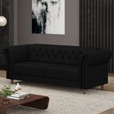 Sofá Living Sala De Estar Stanford Chesterfield 2 Lugares 180cm Pés De Madeira Couro Preto G58 - Gran Belo