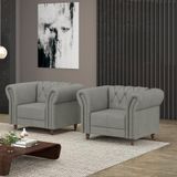 Kit 2 Poltronas Decorativas Sala De Estar Stanford Chesterfield Pés De Madeira Couro Cinza G58 - Gran Belo