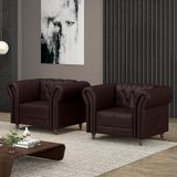 Kit 2 Poltronas Decorativas Sala De Estar Stanford Chesterfield Pés De Madeira Couro Wine Vinho G58 - Gran Belo