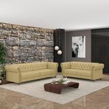 Conjunto De Sofá Sala De Estar Stanford Chesterfield 2 E 3 Lugares 180cm/260cm Pés Madeira Couro Bege G58 - Gran Belo