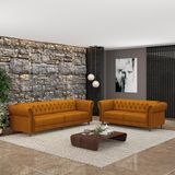 Conjunto De Sofá Sala De Estar Stanford Chesterfield 2 E 3 Lugares 200cm/260cm Pés Madeira Couro Mel G58 - Gran Belo