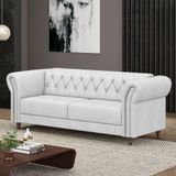 Sofá Living Sala De Estar Stanford Chesterfield 2 Lugares 220cm Pés De Madeira Couro Branco G58 - Gran Belo