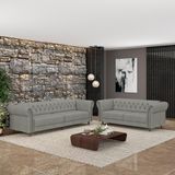 Conjunto De Sofá Sala De Estar Stanford Chesterfield 2 E 3 Lugares 200cm/240cm Pés Madeira Couro Cinza G58 - Gran Belo