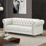 Sofá Living Sala De Estar Stanford Chesterfield 2 Lugares 220cm Pés De Madeira Couro Branco Manchado G58 - Gran Belo