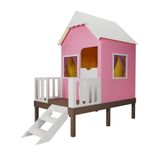 Casinha De Brinquedo Artesanal Rosa Com Cercado E Escada Telhado Branco L12 - Gran Belo