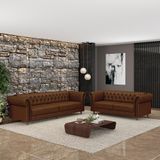 Conjunto De Sofá Sala De Estar Stanford Chesterfield 2 E 3 Lugares 200cm/260cm Pés Madeira Couro Marrom Manchado G58 - Gran Belo