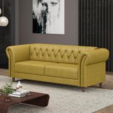 Sofá Living Sala De Estar Stanford Chesterfield 2 Lugares 200cm Pés De Madeira Couro Bege Manchado G58 - Gran Belo