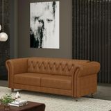 Sofá Living Sala De Estar Stanford Chesterfield 2 Lugares 220cm Pés De Madeira Couro Mel Manchado G58 - Gran Belo